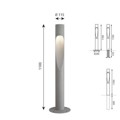 Louis Poulsen Flindt Bollard 1100 Vloerlamp - 3000K Grondanker - Aluminium