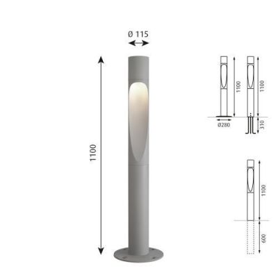 Louis Poulsen Flindt Bollard 1100 Vloerlamp - 3000K Grondanker - NightDIM - Aluminium
